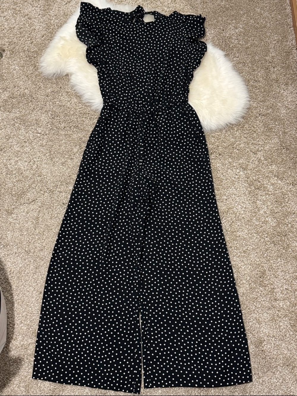 Sanctuary Women’s Black Polka Dot Wide-Leg Jumpsuit with Ruffle Sleeves Size XS - Picture 3 of 8